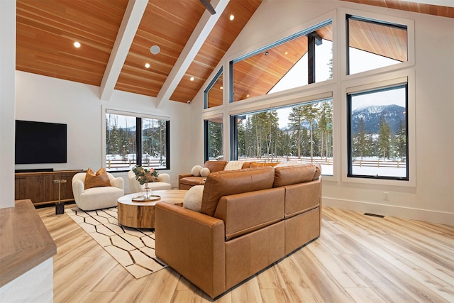 3900 Foothill Rd, Kalispell, MT 59901 - living area with light wood-style flooring, high vaulted ceiling, wooden ceiling with exposed beams, baseboards, and recessed lighting