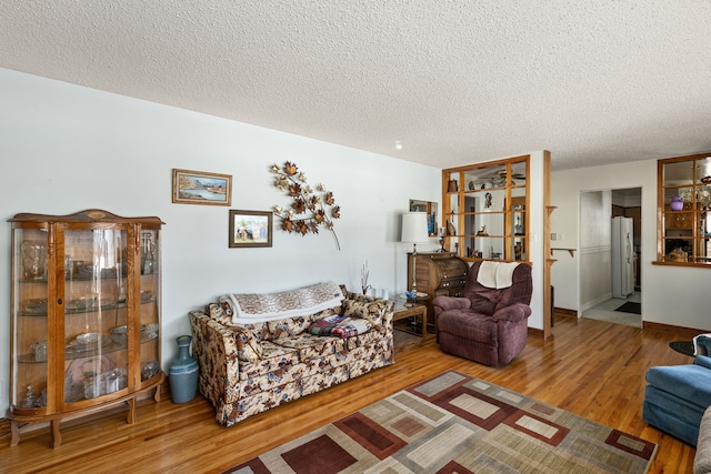 living room featuring hardwood / wood-style flooring and a textured ceiling