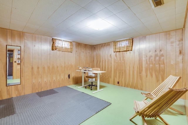 interior space with carpet and wood walls