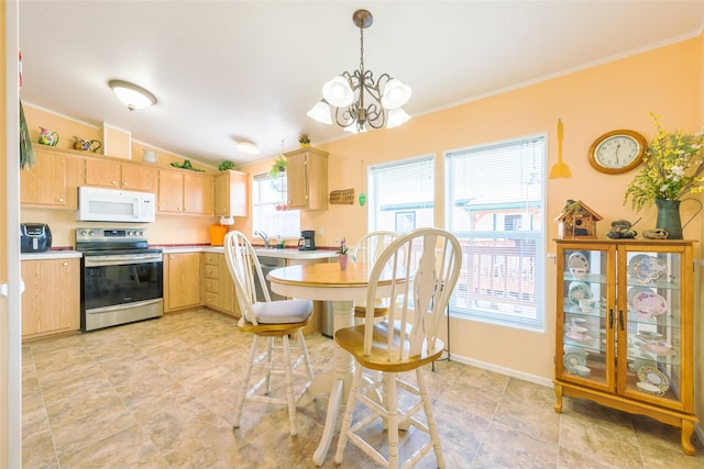 kitchen featuring ornamental molding, stainless steel electric stove, light brown cabinetry, and hanging light fixtures