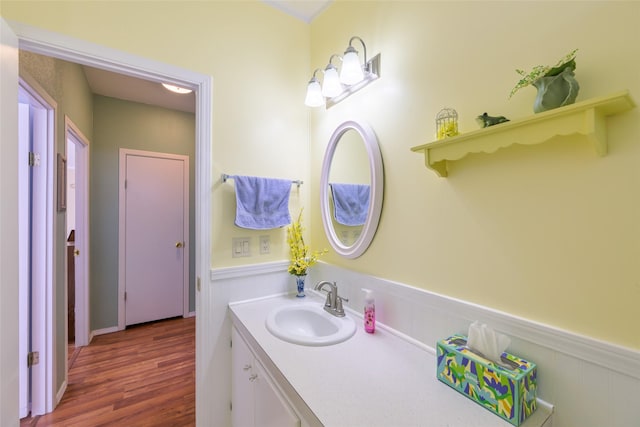 bathroom with hardwood / wood-style flooring and vanity