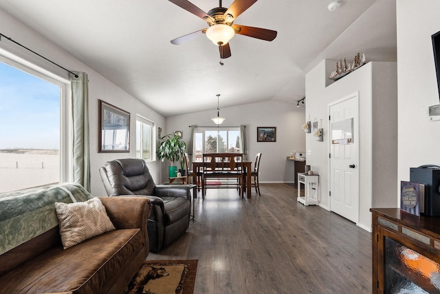 105 Lupine Dr, Kalispell, MT 59901 - living room with ceiling fan, dark hardwood / wood-style floors, and vaulted ceiling