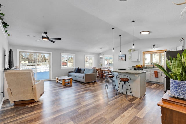 living room with lofted ceiling, sink, a textured ceiling, dark hardwood / wood-style floors, and ceiling fan