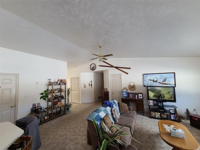 16025 Broken Arrow Ln, Frenchtown, MT 59834 - living area with a textured ceiling, visible vents, a ceiling fan, and lofted ceiling