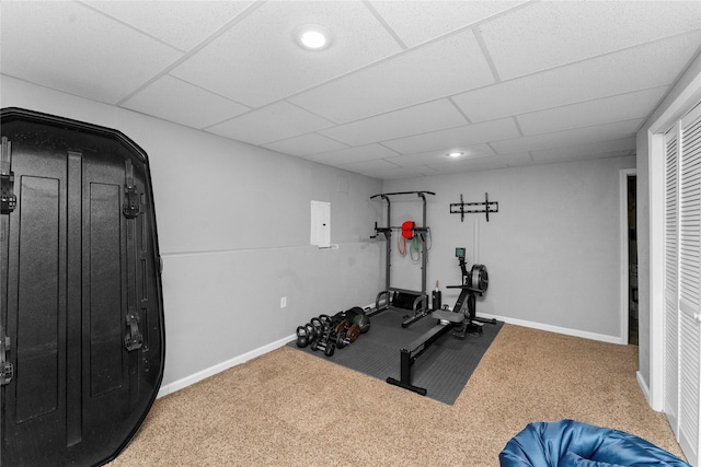 exercise area with a paneled ceiling and carpet flooring