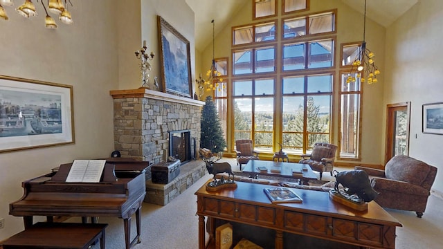 living room with carpet flooring, a fireplace, and high vaulted ceiling