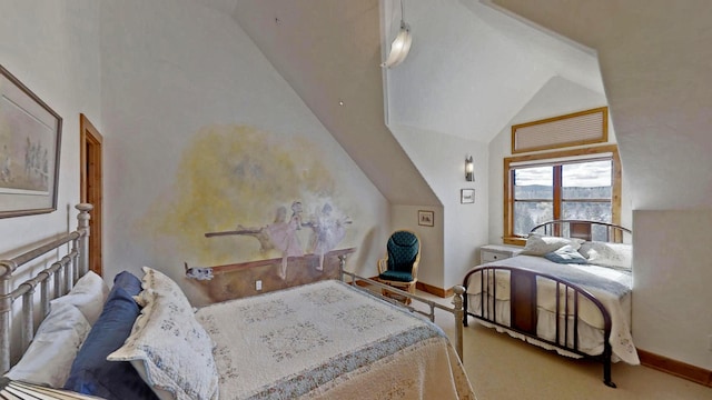 carpeted bedroom featuring high vaulted ceiling