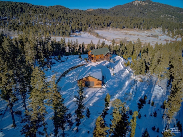 snowy aerial view with a mountain view