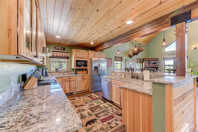 kitchen with sink, wood ceiling, decorative light fixtures, stainless steel appliances, and light stone countertops