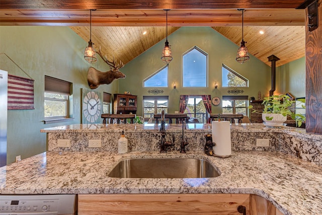 kitchen featuring dishwasher, sink, hanging light fixtures, wood ceiling, and light stone countertops