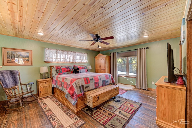 bedroom with wood ceiling, ceiling fan, and dark hardwood / wood-style floors