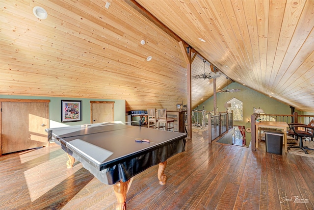 playroom with hardwood / wood-style flooring, high vaulted ceiling, and wood ceiling