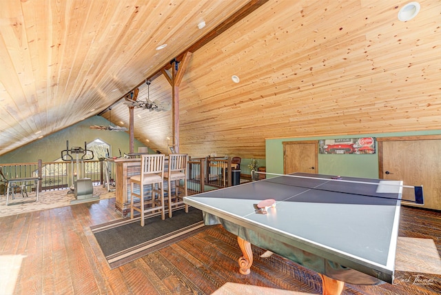 recreation room with high vaulted ceiling, hardwood / wood-style flooring, wooden walls, and wooden ceiling