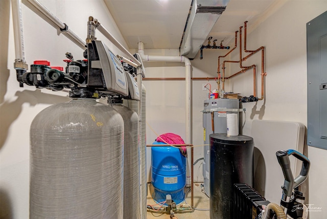 utility room featuring secured water heater and electric panel