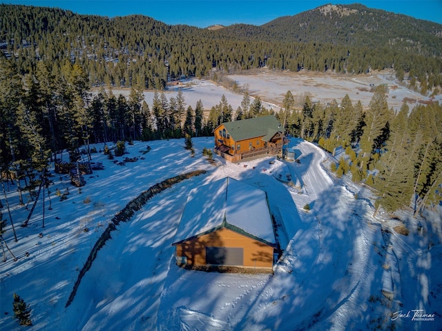 snowy aerial view featuring a mountain view