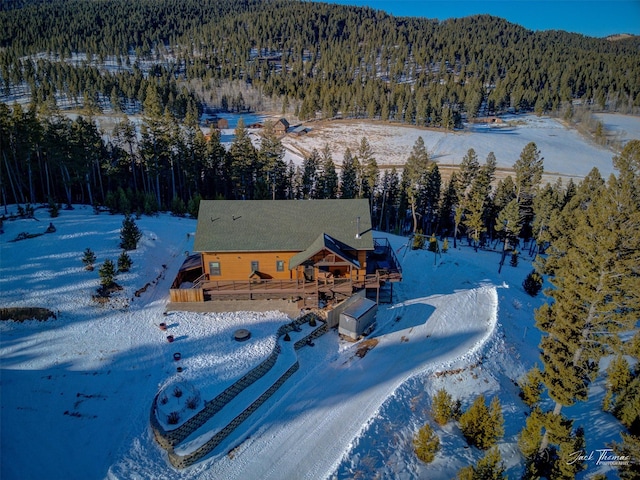 snowy aerial view featuring a mountain view