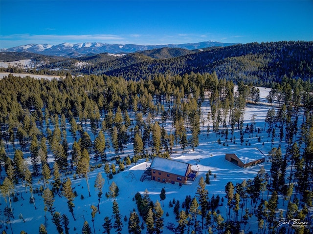 snowy aerial view with a mountain view