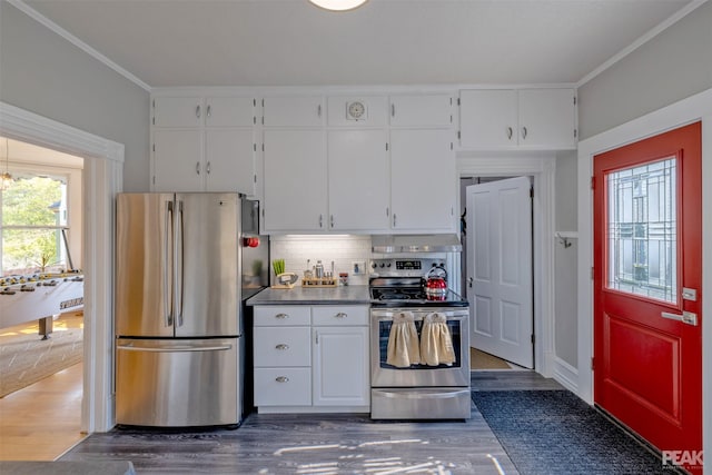 kitchen featuring appliances with stainless steel finishes, dark hardwood / wood-style floors, tasteful backsplash, white cabinets, and crown molding