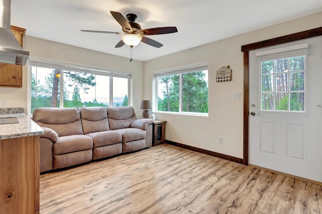 living room featuring ceiling fan and light hardwood / wood-style flooring