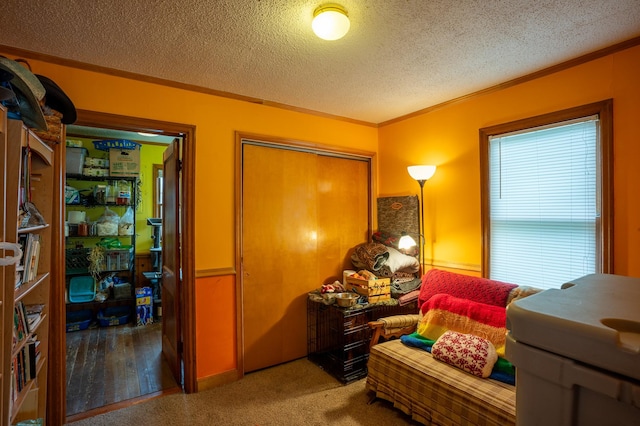 sitting room with crown molding and a textured ceiling