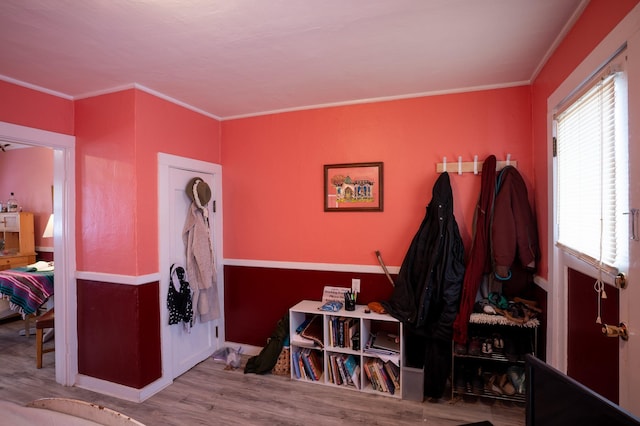 interior space featuring ornamental molding and light hardwood / wood-style flooring