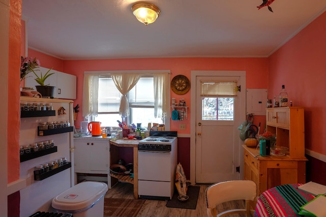 kitchen with electric stove, white cabinetry, crown molding, and dark wood-type flooring