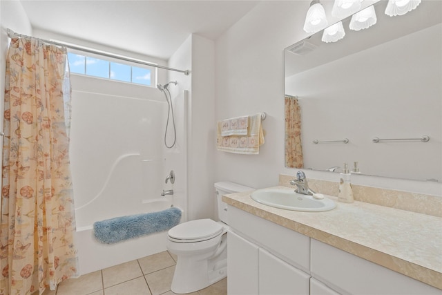 full bathroom featuring vanity, shower / bath combo, tile patterned floors, and toilet