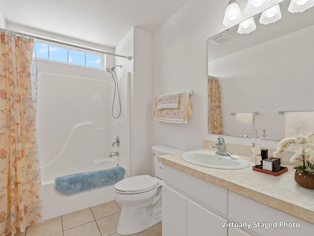 full bathroom with shower / tub combo with curtain, vanity, toilet, and tile patterned flooring