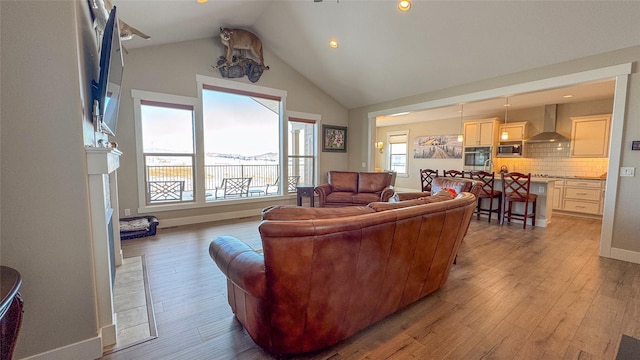 living room featuring hardwood / wood-style flooring and vaulted ceiling