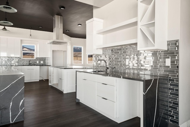 2986 Sunset Ranch Ln, Stevensville, MT 59870 - kitchen with ventilation hood, white cabinetry, tasteful backsplash, sink, and dark hardwood / wood-style flooring