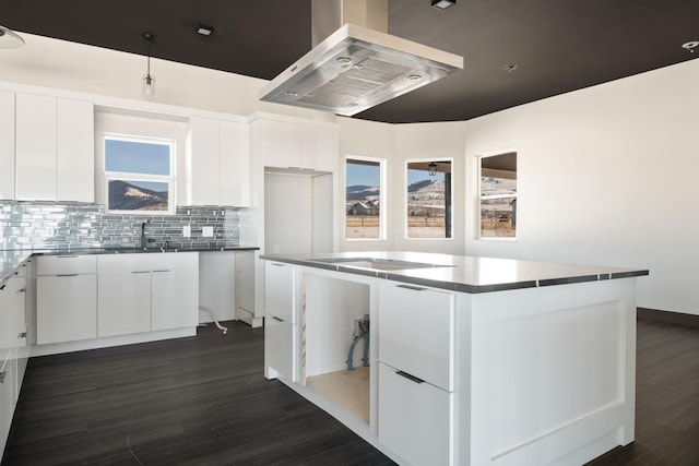 2986 Sunset Ranch Ln, Stevensville, MT 59870 - kitchen with white cabinetry, a center island, ventilation hood, black electric stovetop, and decorative backsplash