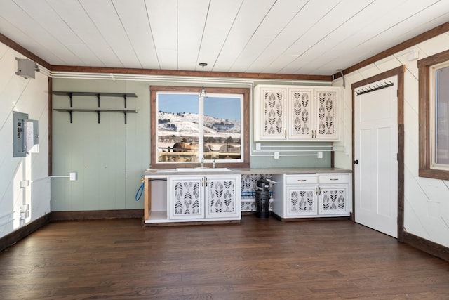 2986 Sunset Ranch Ln, Stevensville, MT 59870 - kitchen with sink, hanging light fixtures, electric panel, dark hardwood / wood-style floors, and wooden ceiling