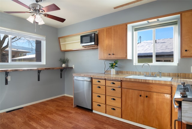 kitchen featuring appliances with stainless steel finishes, sink, light hardwood / wood-style floors, and plenty of natural light