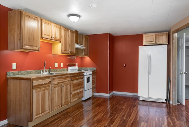 kitchen with white appliances, dark hardwood / wood-style flooring, and sink