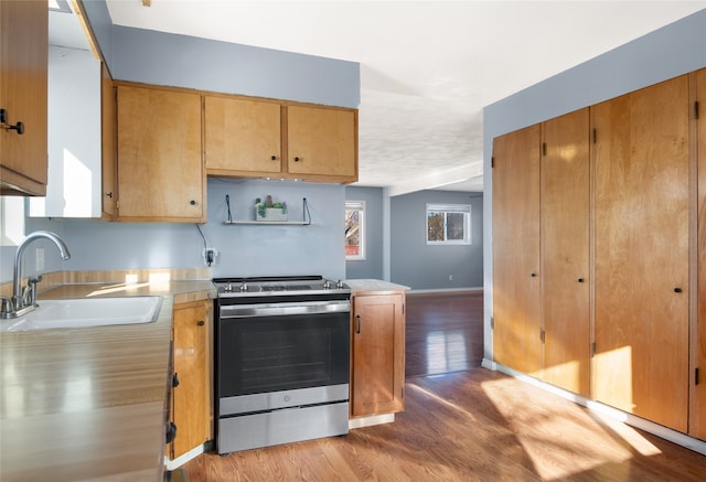 kitchen with sink, light hardwood / wood-style floors, and stainless steel range with electric stovetop