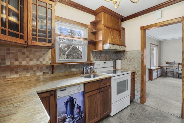 kitchen featuring white electric stove, dishwasher, sink, light colored carpet, and crown molding