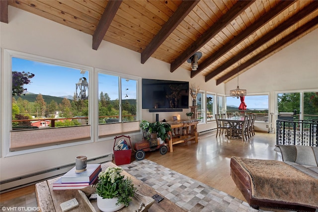 living room with beamed ceiling, high vaulted ceiling, wooden ceiling, hardwood / wood-style flooring, and a baseboard heating unit