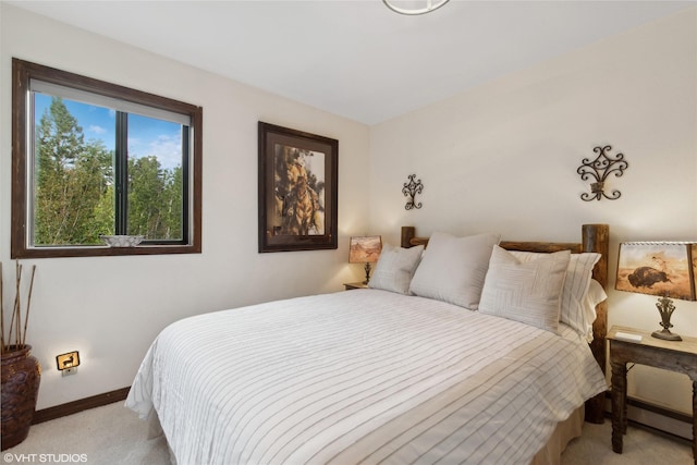 bedroom featuring a baseboard radiator and light colored carpet