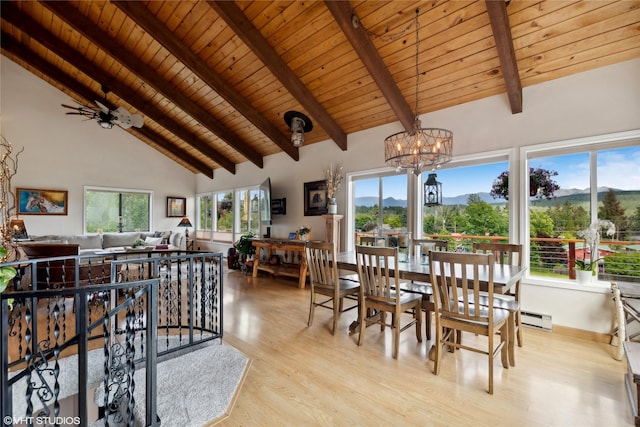 dining area with high vaulted ceiling, a mountain view, wooden ceiling, beamed ceiling, and light wood-type flooring