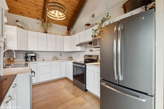 kitchen featuring appliances with stainless steel finishes, decorative light fixtures, sink, vaulted ceiling with beams, and white cabinets