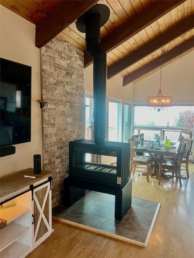 misc room featuring lofted ceiling with beams, wood ceiling, hardwood / wood-style floors, and a wood stove