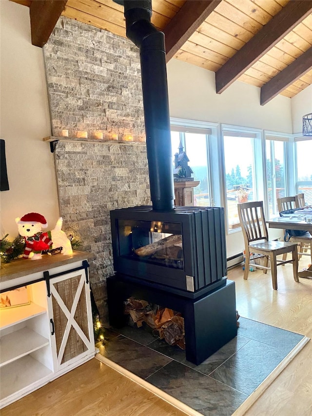 interior space with lofted ceiling with beams, a wood stove, hardwood / wood-style floors, and wooden ceiling