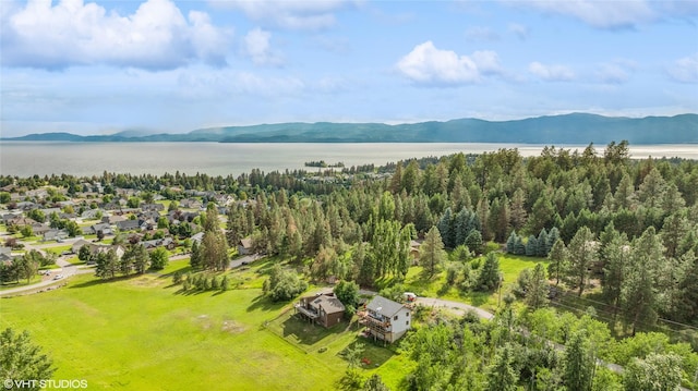 aerial view featuring a water and mountain view