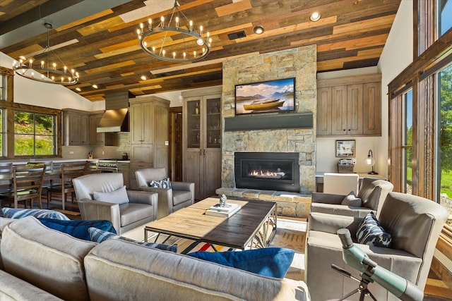 living room featuring high vaulted ceiling, a notable chandelier, a fireplace, and wood ceiling