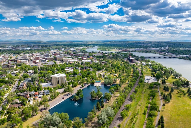 drone / aerial view with a water view