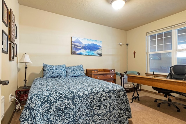 carpeted bedroom with a textured ceiling