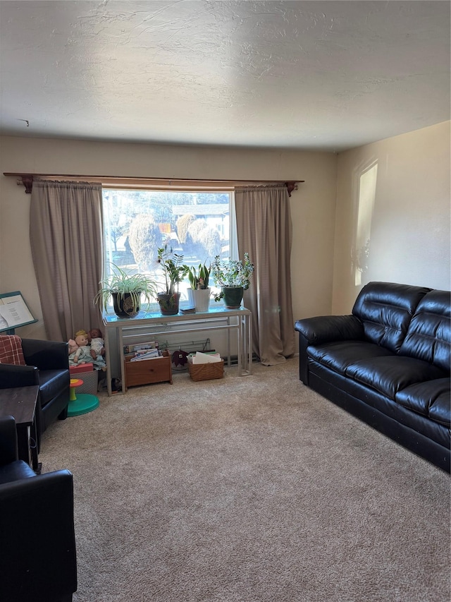 carpeted living room featuring a textured ceiling