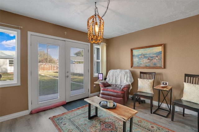 living area with french doors and light wood-type flooring