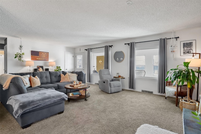 living room featuring carpet floors, plenty of natural light, and a textured ceiling