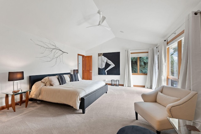 bedroom with lofted ceiling and carpet floors